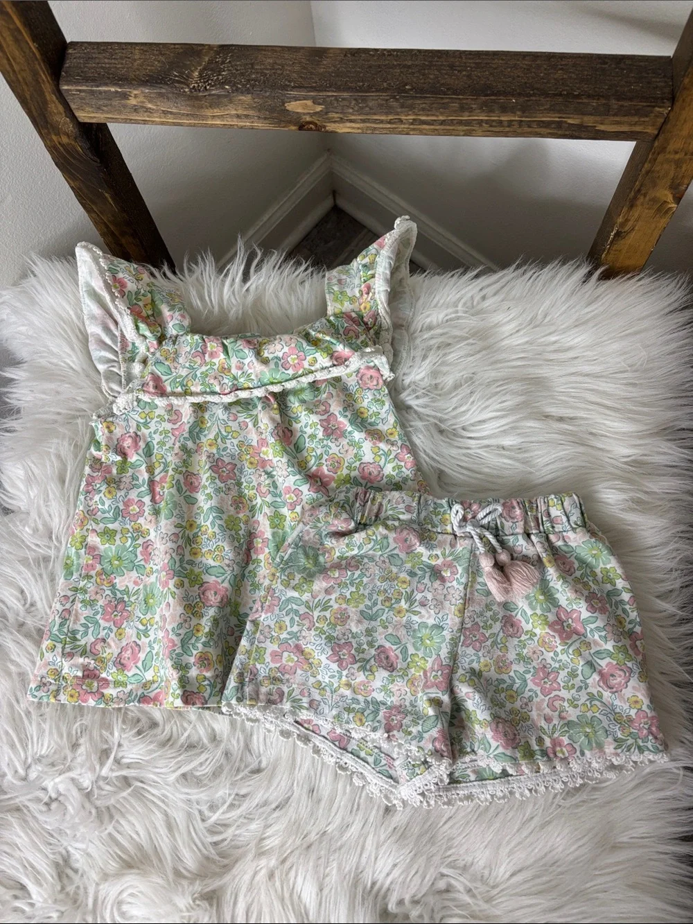 Flapdoodles Pink & Green Floral High-Waist Two-Piece Set Size 18M